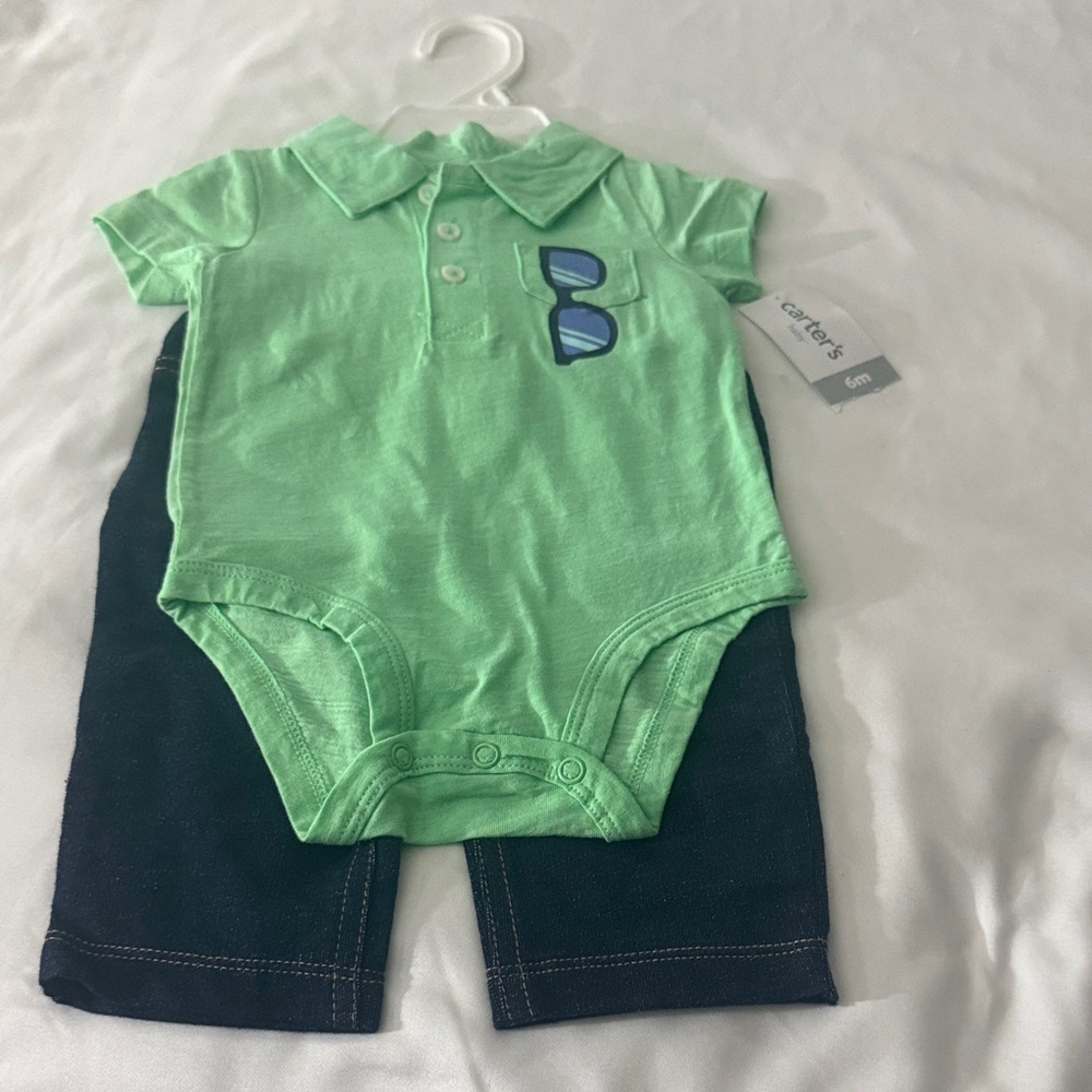 Carter's Green Onesie with Blue jeans and  Sunglasses Graphic